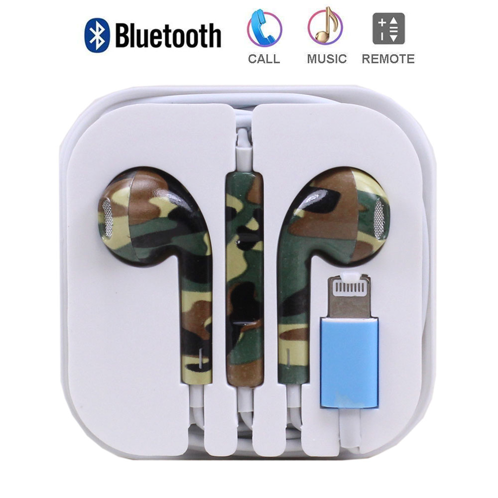 Bluetooth WIRED Lightning Design Earbuds for Apple iPHONE (Camouflage Army Green)